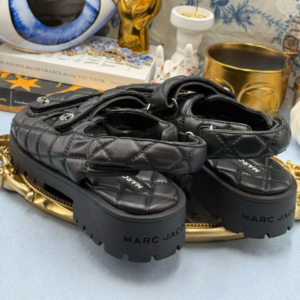🆕 MARC JACOBS 🧿 NWOB The Quilted Sunny Leather Dad Sandals, Black - Sz 39 US 9 - Picture 8 of 16